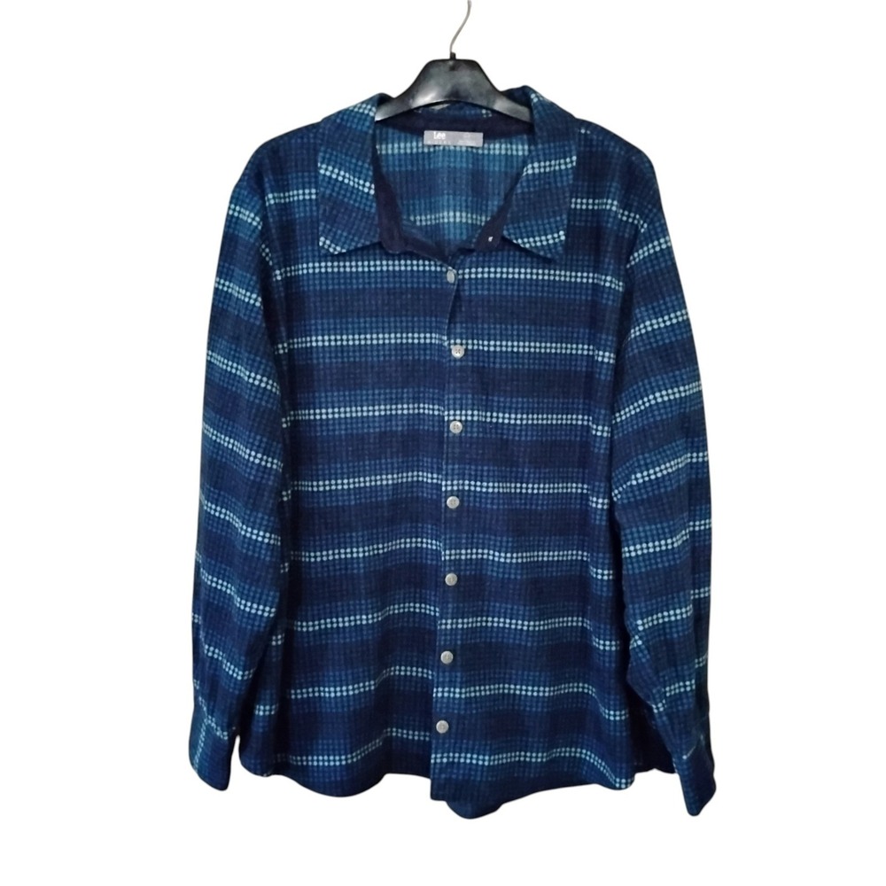 Lee Riders Blue Teal Dotted Stripe Fleece Button Down Shirt Womens 2X